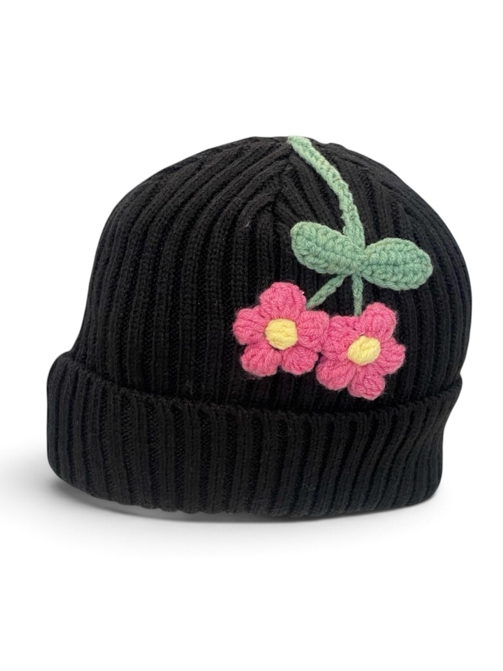 Black Knit Beanie with Sunflower